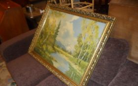 Gold Framed Picture Of Wooded Stream