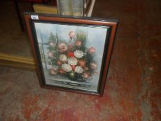 Dark Wooden Framed Painting of Vase Full of Flowers.