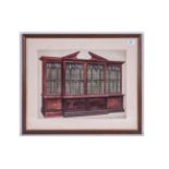 Fine Quality Watercolour Drawing Of A Chippendale Breakfront Bookcase, executed in fine detailing.