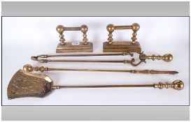 Set of Three Brass Fire Irons, Together With a Pair of Fire Dog Stands In The Regency Style.