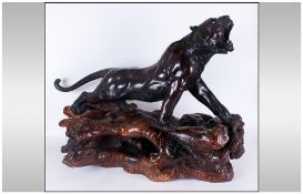 Large and Extremely Fine Quality Japanese Bronze of a Tiger In an Attacking Position, with Glass