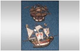 2 Wooden Painted Wall Plaques Modelled As Galleons