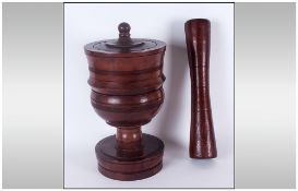 Large Teak 'Turned Baluster' Shaped Pedestal & Morter. The morter on a turned columned round base.