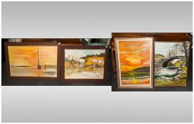 Collection Of 4 Modern 1970/80'c Oil Canvas Paintings Depicting Sunset, Coastal & River