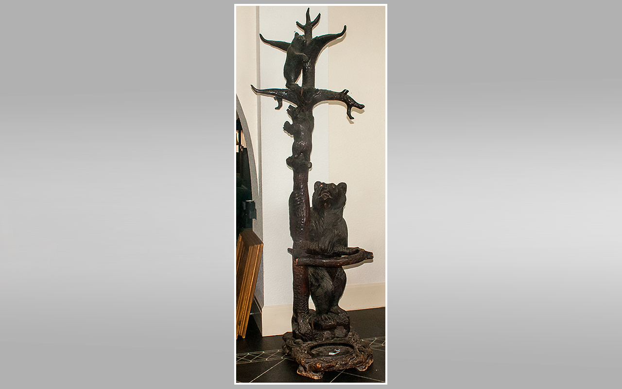 19th/20thC Black Forest Carved Stick/Coat Stand In The Form Of A Standing Bear Beside A Tree With