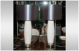 A Fine Pair of Elegant - White Glass and Chrome Table Lamps. Each With Stylish Black Shades. Each