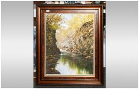 Contemporary Oil Painting On Canvas depicting a river gorge, the trees, palette knife application,