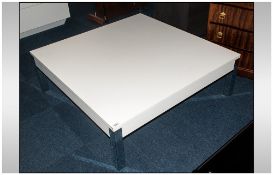 Large Modern Designer Square White Wood Low Coffee Table With Chrome Legs 43½ Inches². Height 14¼