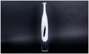 Kosta Swedish Tall Elegant Art Glass Bud Vase in white, with black design and clear heavy casing.