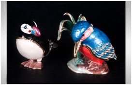 Enamel on Metal Hand Finished and Stone Set Figural -Hinged Wood Pecker and Puffin Trinket Boxes.