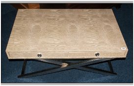 Modern Designer Rectangular Coffee Table. Textured Beige Crocodile Skin Effect On Chrome Legs With 2