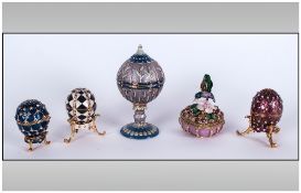 Collection Of 3 Decorative Eggs On Stands, Hinged Opening To Reveal Matching Pendants Inside,