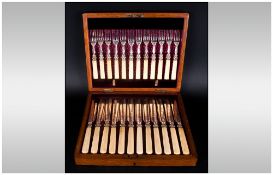 Edward VII Walker & Hall Fine Silver Banded And Bone Handled Set of 12 Dessert Knives and Forks.