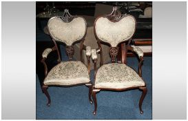 Two Edwardian Mahogany Carvers/Salon Chairs, Heart Shaped Padded Backs, Armrests & Seats, Shaped