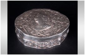 French Mid 19th Century Oval Shaped Silver Hinged Box with Raised Image of Louis XIV of France to