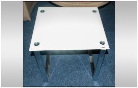 Modern Designer Rectangular Glass Occasional Table.  Chrome Base With Circular Chrome Detail To