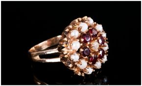 Ladies 14ct Gold Dress Ring, Set With A Cluster Of Garnets And Rubies, Continental Hallmark, Ring