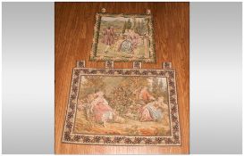 Two Tapestries Wall Hangings Depicting French Garden Scenes, with figures, 22x22'' & 34x24''