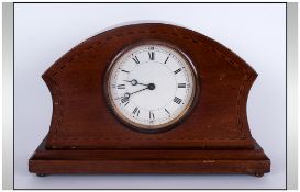 1920's Walnut Inlaid Mantel Clock with White Dial and Black Numerals, 8 Day Movement. 6.5 Inches