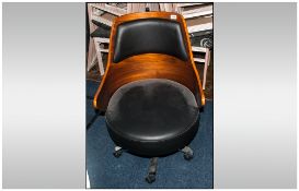 Teak Bucket Style Computer Chair, Chrome Swivel Base With Black Leather Cushioned Seat And Back Pad