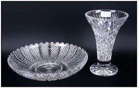 Cut Glass Vase Together With Bowl. Star cut bases. Vase 8'' in height.