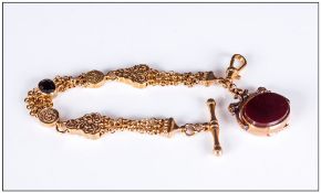 9ct Gold Albertina Fancy Watch Chain with attached antique combined swivel bloodstone set fob &