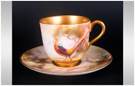 Royal Worcester Hand Painted and Signed Miniature Cup and Saucer ' Pheasant In a Woodland