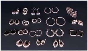 A Good Collection of Silver Earrings, all fully marked. 18 pairs in total, Various shapes and sizes.