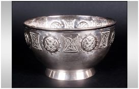 Celtic Design Arts & Crafts Silver Plated Bowl, embossed to the edge with Galic symbols, marked to