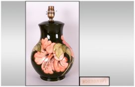 Moorcroft Large Globual Shaped Lamp Base ' Coral Hibiscus ' Pattern on Green Ground. c.1980's.