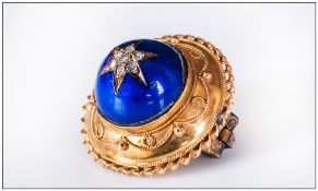 George IV Ornate 15ct Gold Circular Star Set Diamond & Blue Cabochon Cut Stone Brooch, Not marked