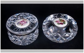 Unusual Pair Of Cut Glass Paperweights, with central porcelain bases, painted with flowers. 3.5'' in