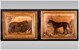 Pair Of Late 19th Century Coloured Prints Of Horses In Stable Settings with a cat. Signed Harry Hall