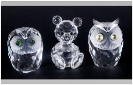 Swarovski Crystal Figures ( 3 ) In Total. Owls and Teddy Bear.