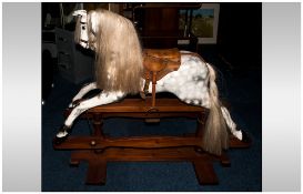 Wooden Rocking Horse On Frame the dappled grey mare with a leather saddle and natural hair mane &