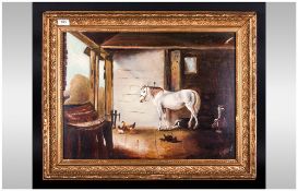 Oil Painting On Board Of A Stable Interior with a horse & dog. In gilt frame. Signed K.Darby.