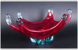 Murano Type Red Glass Fruit Bowl with six shaped pinnicals to the edge, 1960's. 12'' in width, 6''