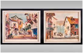 Pair Of Prints Of Valbonne Cap. Ferrat By Doyly John in contemporary white  frames, glazed.