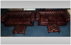 Two Traditional Style Cherry Leather Button Backed Chesterfield Suites, Each With 3 Leather Padded