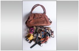 A Large Leather Fashion Bag - Full of Assorted Costume Jewellery and Watches. Large Collection.