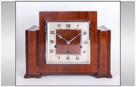 Art Deco Walnut Mantle Clock, with 8 Day Westminster Chimes, Striking and Chiming Movement.