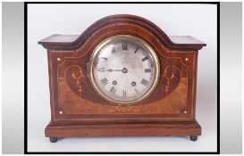 Edwardian Inlaid Mahogany Striking Mantel Clock. 9.25 Inches High & 11.5 Inches Wide. Working