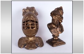 Unusual Gilt Metal Desk Inkwell with a knight wearing a visor, which when opened reveals a mans head