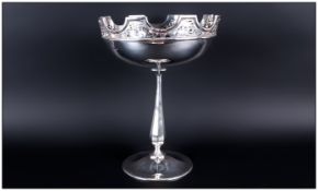 Elegant 1920's Silver Pedestal Fruit Bowl with Coronet Shape and Openwork Top. A Tapered Column