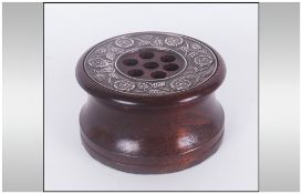 A Silver Inlaid Circular Treen Pen / Holder. Hallmark Birmingham 1990. 2.5 Inches High & 3.5