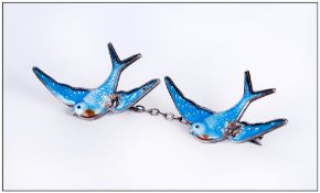 A Fine Pair of Vintage Silver and Enamel Brooches, In The Form of Swallows In Flight. Marked Silver,