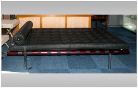 Modern Designer Mahogany Day Bed With  Black Buttoned Leather Cushion Topper On Chrome Legs 78 x 38½