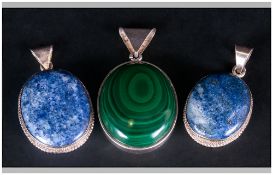 A Collection of Large Vintage Stone Set Silver Pendants ( 3 ) In Total. ' Malachite ' - 1 Pendant. '