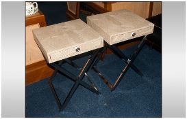 Pair Of Modern Designer Square Bedside Tables. Textured Beige Crocodile Skin Effect On Chrome Legs