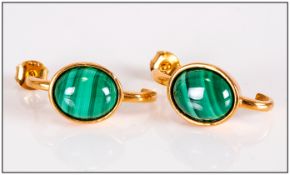 Malachite J-Hoop Earrings, 8.5cts of oval cabochon cut striated malachite set in 14ct gold vermeil